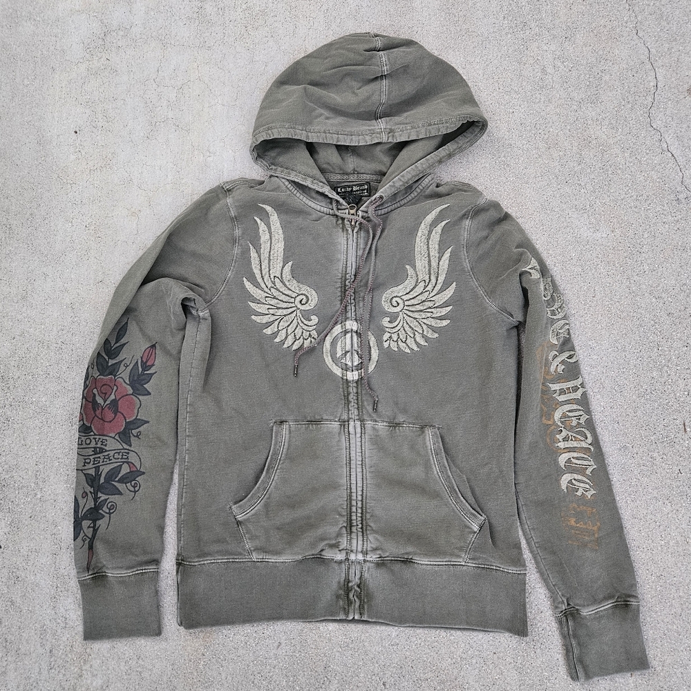 SUPER RARE Y2K GRUNGE LUCKY BRAND EMBROIDERED HOODIE MED PEACE & LOVE SAGE